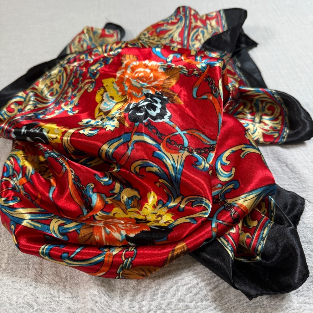 Jiaying Floral Baroque Scarf Red Roses Gold Scroll Satin Square‎ 34" Polyester